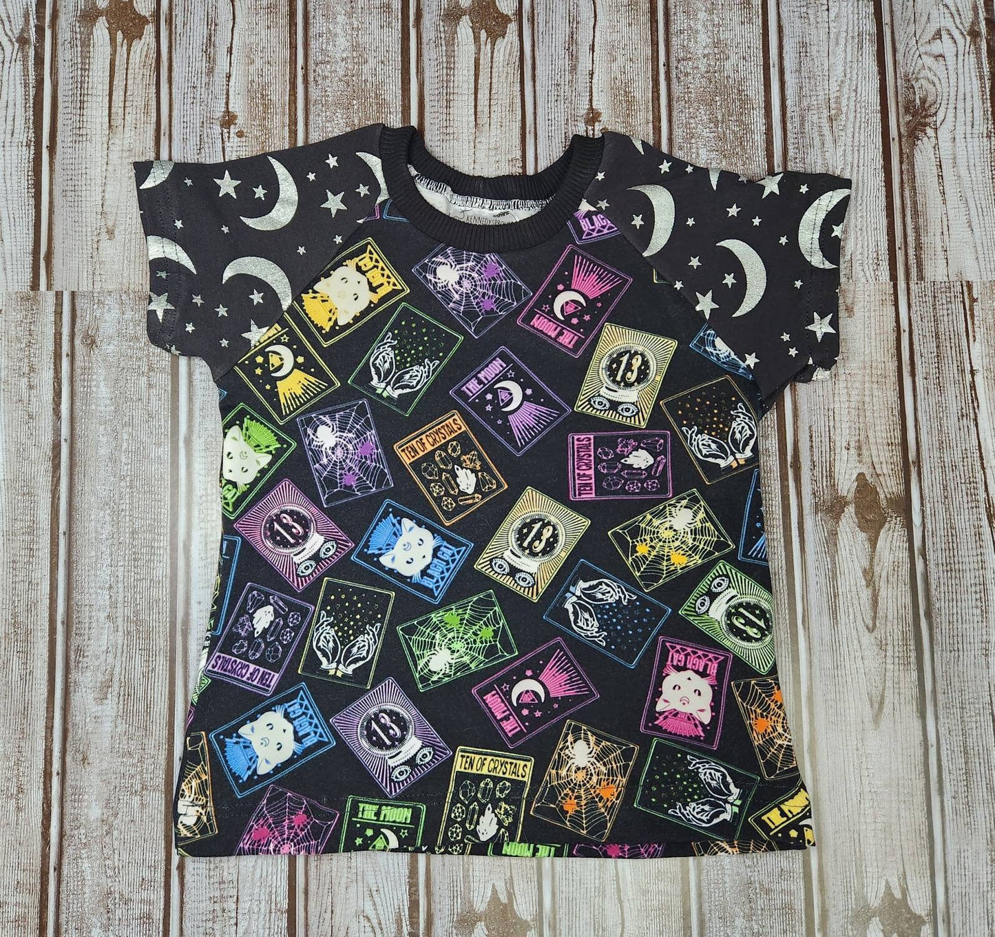 Glow in the Dark Tarot Cards Halloween T-Shirt with Foil Moon and Stars - 3t